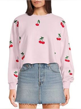 Born Lucky Pink Cherry Embroidered Sweatshirt slight cropper crewneck sweater